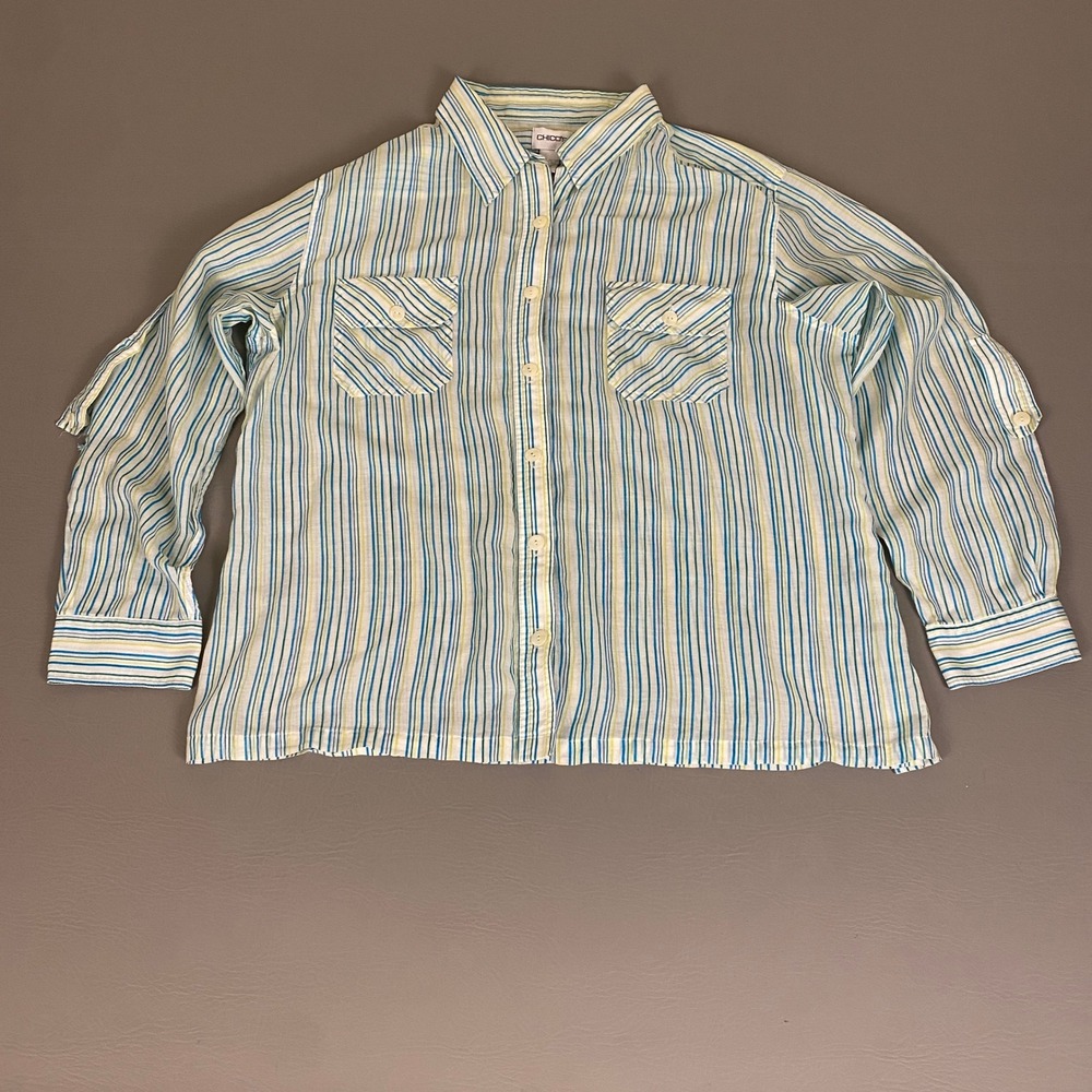 Chicos Silk Button Up Shirt Womens Size 3 US Size XL Blue Yellow Striped *Flaw*